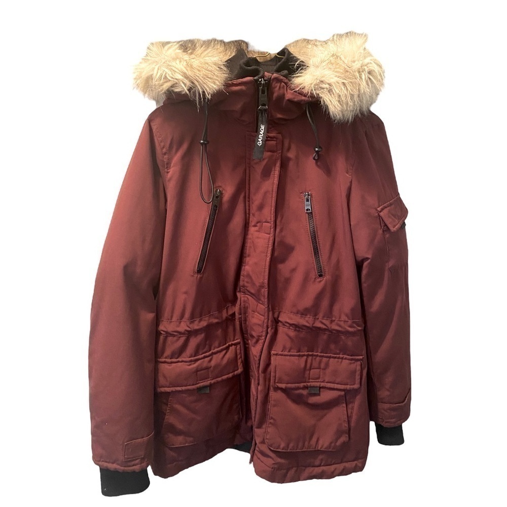 Garage Burgundy Parka Fur Trim Hood Size Small